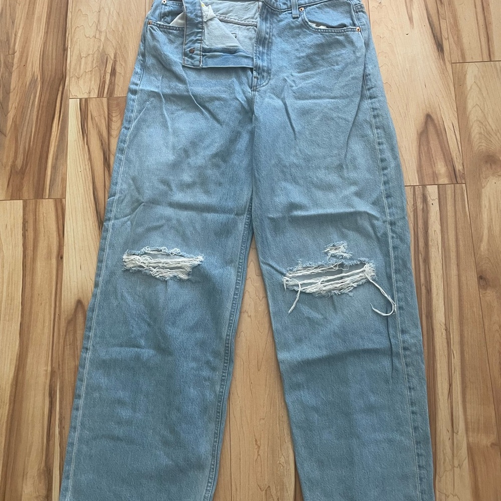 MOTHER SNACKS! The Fun Dip Distressed High Waist Puddle Wide Leg Jeans